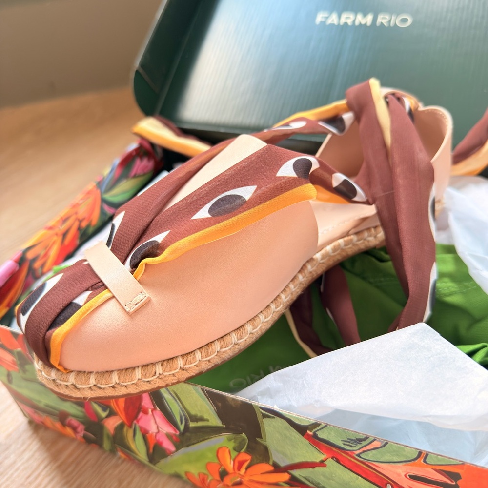FARM Rio Blush Lace Up Espadrille Sandal with Brown & Multicolor Printed Wrap